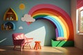 a rainbow-painted wall in a sunny children's playroom.