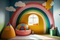 a rainbow-painted wall in a sunny children's playroom.