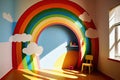 a rainbow-painted wall in a sunny children's playroom.