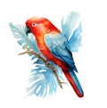 Rainbow parrot, on a twig, a beautiful wavy parrot in rainbow colors, isolated on a white background. Watercolor parrot