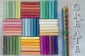 Rainbow pastel crayons and bunch of pencils, Create text on white limed background Royalty Free Stock Photo