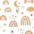 Rainbow pattern. Children boho rainbow pattern, pastel rainbows, moon. Baby nursery background