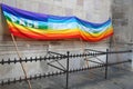 Rainbow peace flag during a demonstration of Italian pacifists b