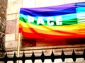 Rainbow peace flag during a demonstration of Italian pacifists