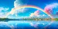 rainbow phenomenon after rain, when bright colors stretch across the sky. Generative AI Royalty Free Stock Photo