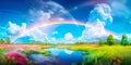 rainbow phenomenon after rain, when bright colors stretch across the sky. Generative AI Royalty Free Stock Photo