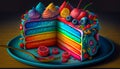 A rainbow piece of cake, colorful and looking delicious