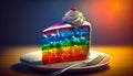 A rainbow piece of cake, colorful and looking delicious