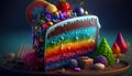 A rainbow piece of cake, colorful and looking delicious