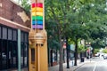 A rainbow pillar in the Boystown, Northalsted, neighborhood of Chicago, IL.