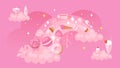 Rainbow pink background, sweets fabric pattern, cute, sweet donut, fashion dessert, design, cartoon style vector