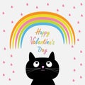 Rainbow and pink heart rain with cute cartoon cat Royalty Free Stock Photo