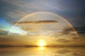 Rainbow at pink sunset pink and blue sky ,fluffy clouds skyline beautiful landscape background summer nature