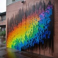 A rainbow of pixels on the wall of the house, an unusual creative