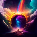 Rainbow portal to another dimension. magic stone in the middle of portal