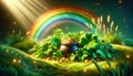 Rainbow and Pot of Gold in Magical Meadow Royalty Free Stock Photo