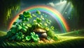 Rainbow and Pot of Gold in Magical Meadow Royalty Free Stock Photo
