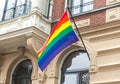 The rainbow pride LGBT flag blows in the wind