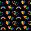 Rainbow pride seamless pattern with gradient hearts and rainbows on black background