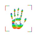 Rainbow print of hand of human, cute skin texture pattern,vector grunge illustration. Scanning the fingers, palm on white backgrou Royalty Free Stock Photo