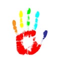 Rainbow print of hand of human, cute skin texture pattern,vector grunge illustration. Scanning the fingers, palm on white backgrou Royalty Free Stock Photo