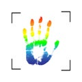 Rainbow print of hand of human, cute skin texture pattern,vector grunge illustration. Scanning the fingers, palm on white backgrou Royalty Free Stock Photo