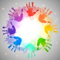 Rainbow prints of children hands and watercolor splashes