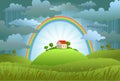 The rainbow protects the small house