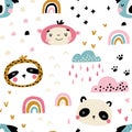 Rainbow rain Africa. Seamless pattern with cute animals faces. Childish print for nursery in a Scandinavian style. For baby Royalty Free Stock Photo