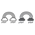 Rainbow and rain line and glyph icon, weather and nature, rainy sign, vector graphics, a linear pattern on a white