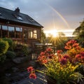 Rainbow after the rain over the house. A beautiful piece of land with flowers and paths during a rainy day