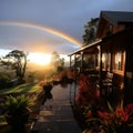 Rainbow after the rain over the house. A beautiful piece of land with flowers and paths during a rainy day