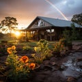 Rainbow after the rain over the house. A beautiful piece of land with flowers and paths during a rainy day