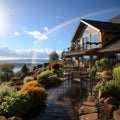 Rainbow after the rain over the house. A beautiful piece of land with flowers and paths during a rainy day