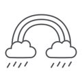 Rainbow and rain thin line icon, weather and nature, rainy sign, vector graphics, a linear pattern on a white background
