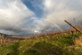 Rainbow in rainy weather in late fall. Wine route in Alsace