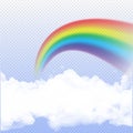 Rainbow realistic on transparent background with clouds. Vector isolated rainbow arch design concept