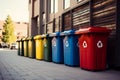 Rainbow recycling Bins in vivid colors create an eco friendly lineup