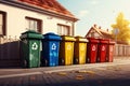 Rainbow recycling Bins in vivid colors create an eco friendly lineup