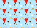 Rainbow, red hearts, cloud scape, on blue background. Fantasy concept