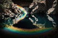 rainbow reflected in the calm pool of water at the bottom of a waterfall