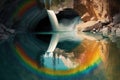 rainbow reflected in the calm pool of water at the bottom of a waterfall