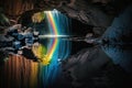 rainbow reflected in the calm pool of water at the bottom of a waterfall