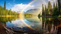 Rainbow reflected in a mountain lake