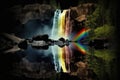 rainbow reflected in the water of a peaceful waterfall