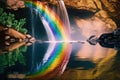 rainbow reflected in the water of a peaceful waterfall