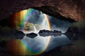 a rainbow reflected in the water of a peaceful waterfall