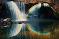 a rainbow reflected in the water of a peaceful waterfall