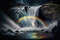 rainbow reflected in the water of a rushing waterfall