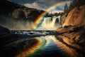 rainbow reflected in the water of a rushing waterfall